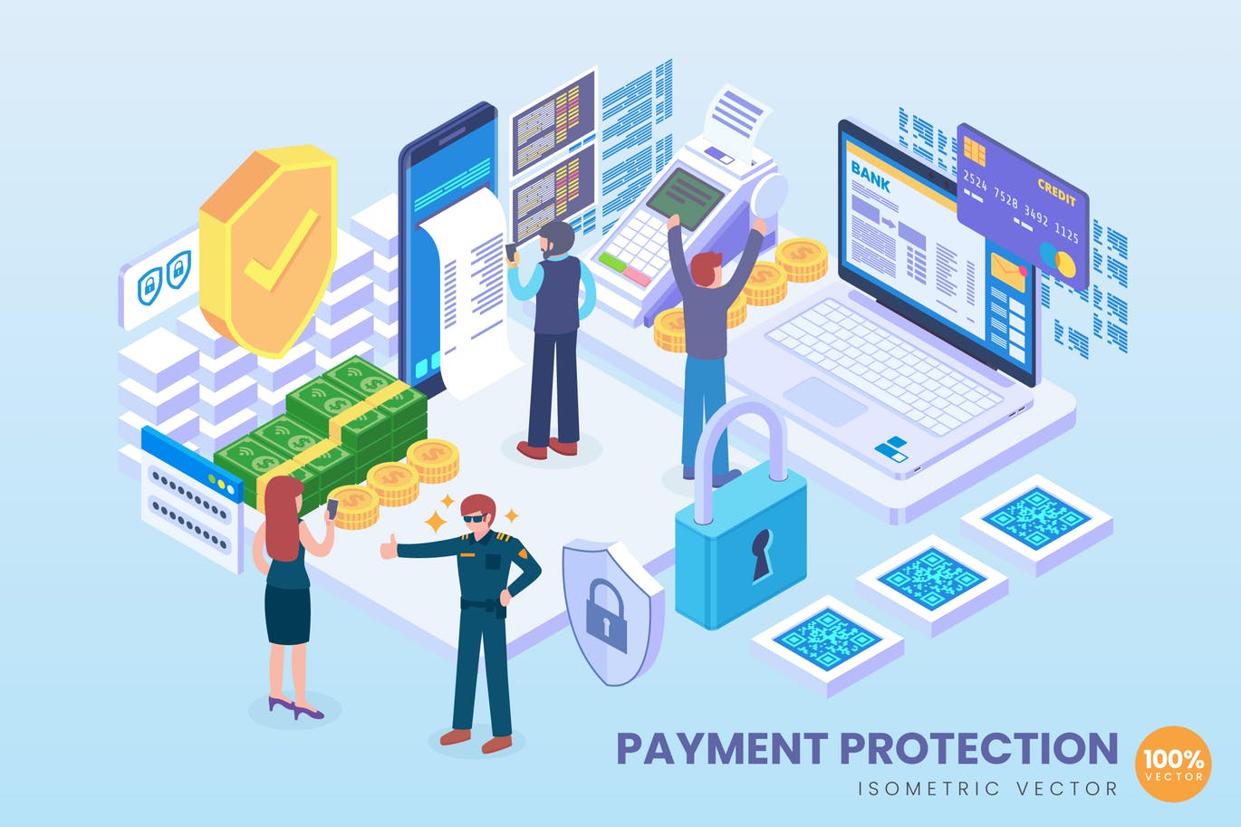 支付安全技术等距矢量素材库精选概念插画素材 Isometric Payment Protection Technology Vector插图