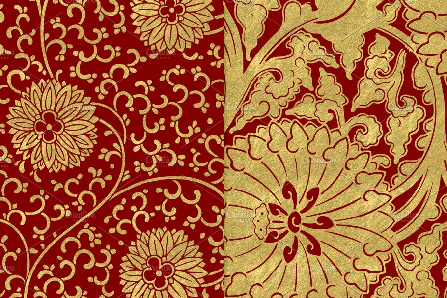 12种金箔花卉图案背景  Maroon and Gold Floral Papers插图(2)
