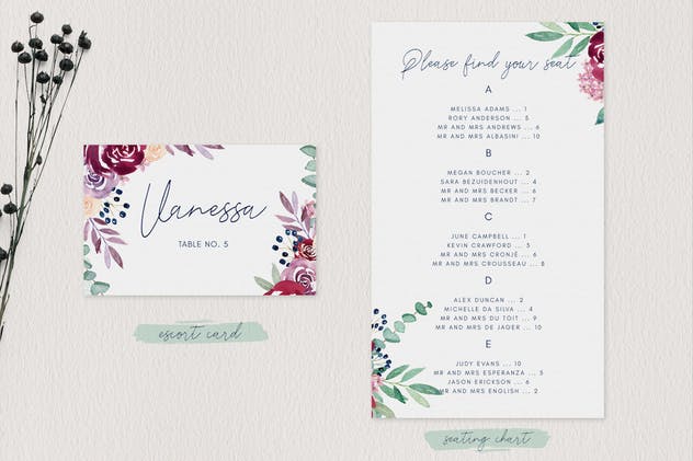 紫红色&海军蓝水彩花卉婚礼邀请函设计模板 Wedding Invitation Set – Burgundy & Navy插图(2)