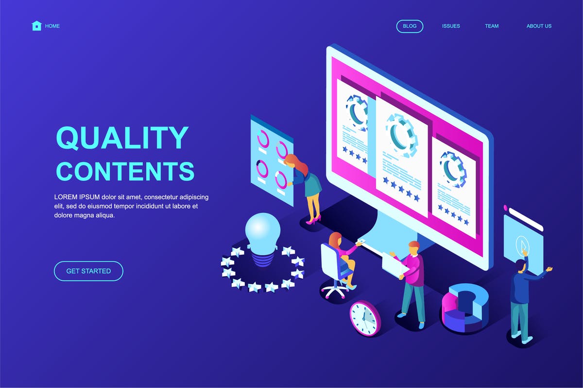 内容质量管理等距概念插画着陆页设计模板 Quality Content Isometric Landing Page Template插图