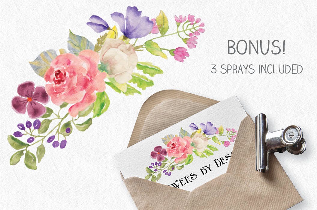 彩虹阴影水彩花卉剪贴画素材库精选PNG素材 Cross of Flowers in Rainbow Shades插图(2)