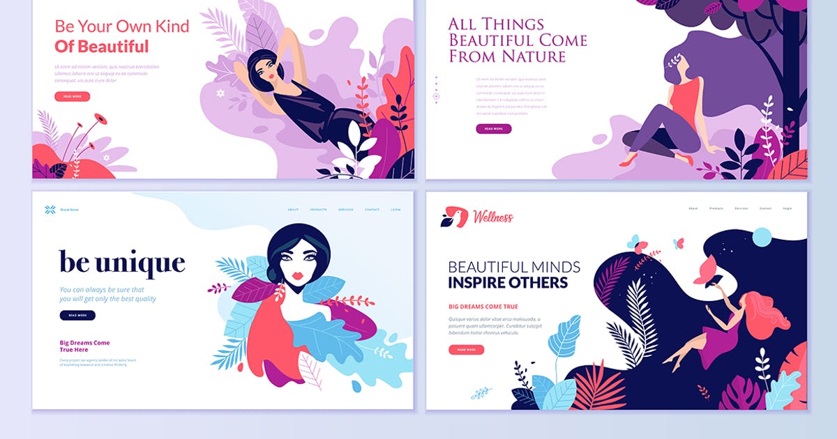 美容化妆品女性时尚品牌主题网站设计概念插画素材 Set of Beauty Web Page Design Templates插图