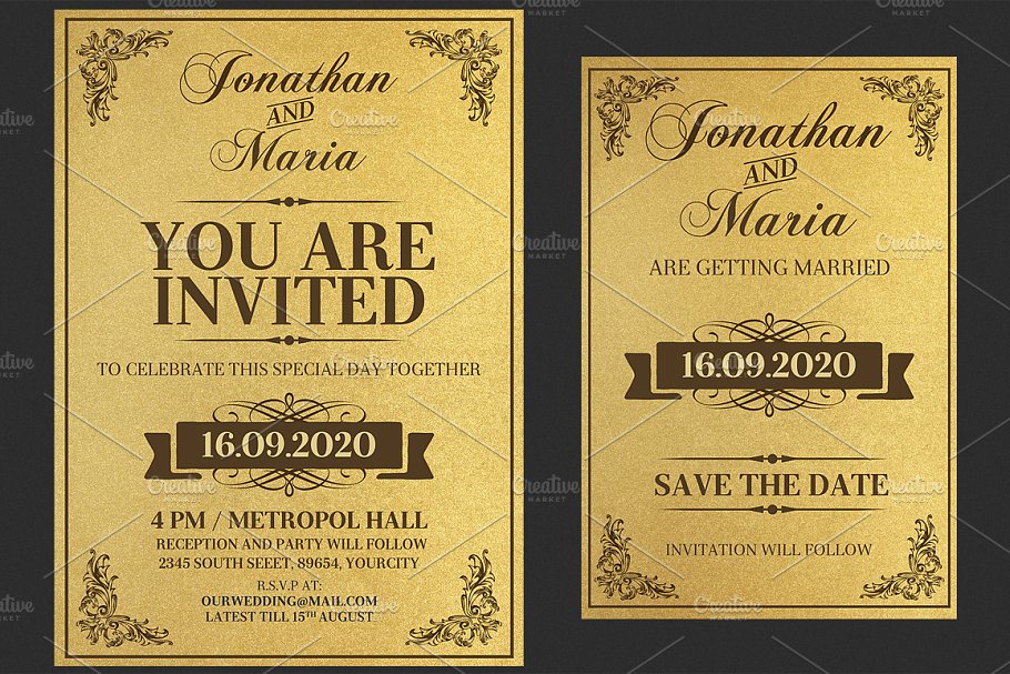 复古黄金色调婚礼邀请函模板套装 Gold Wedding Invitation Set插图(1)