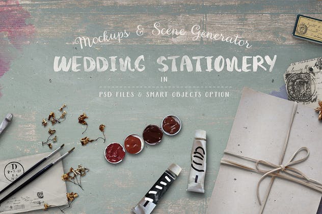 色彩斑斓古朴婚礼巨无霸场景样机模板 Wedding Stationery Hero Image插图