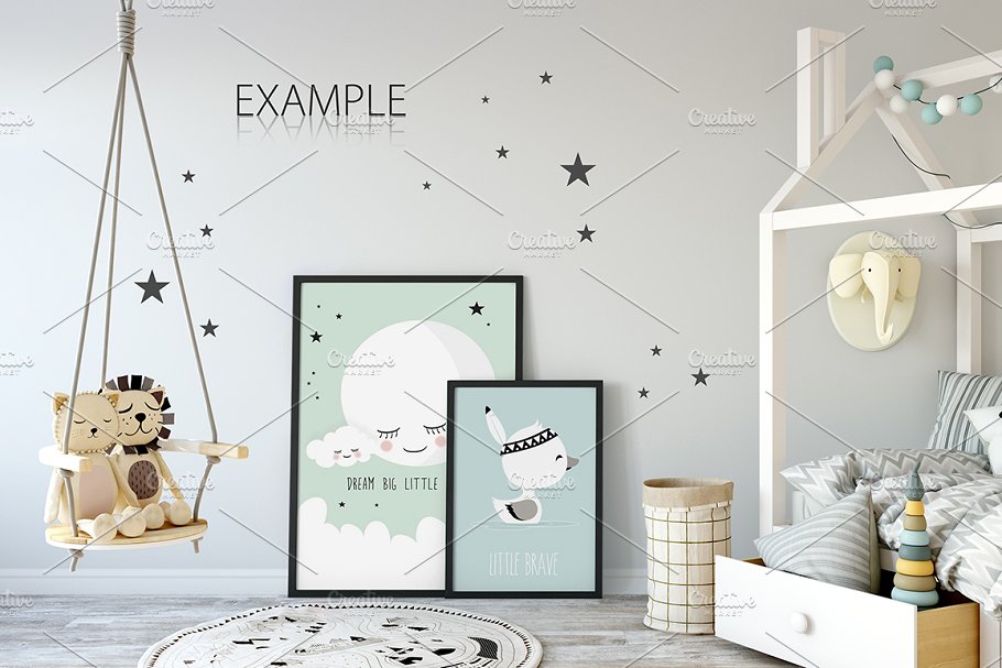 儿童主题卧室墙纸设计&相框样机 Interior KIDS WALL & FRAMES Mockup 2插图(8)