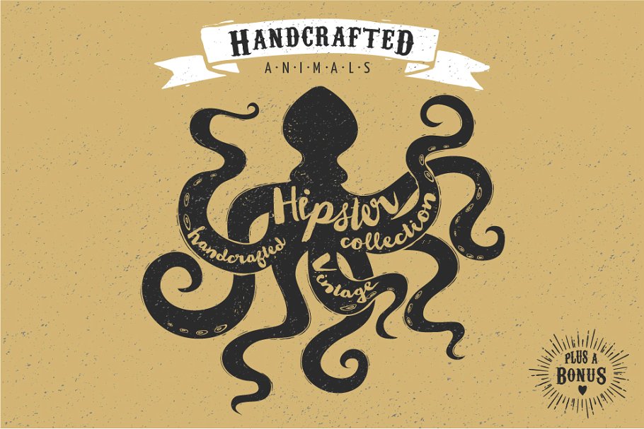 复古设计风格手绘动画插画素材 Vintage hand drawn animals set插图