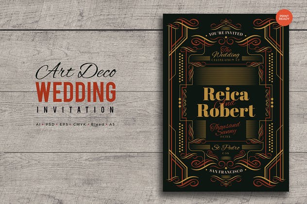 复古装饰风格特点婚礼邀请函PSD模板v10 Art Deco Wedding Invitation PSD And Vector Vol.10插图(1)