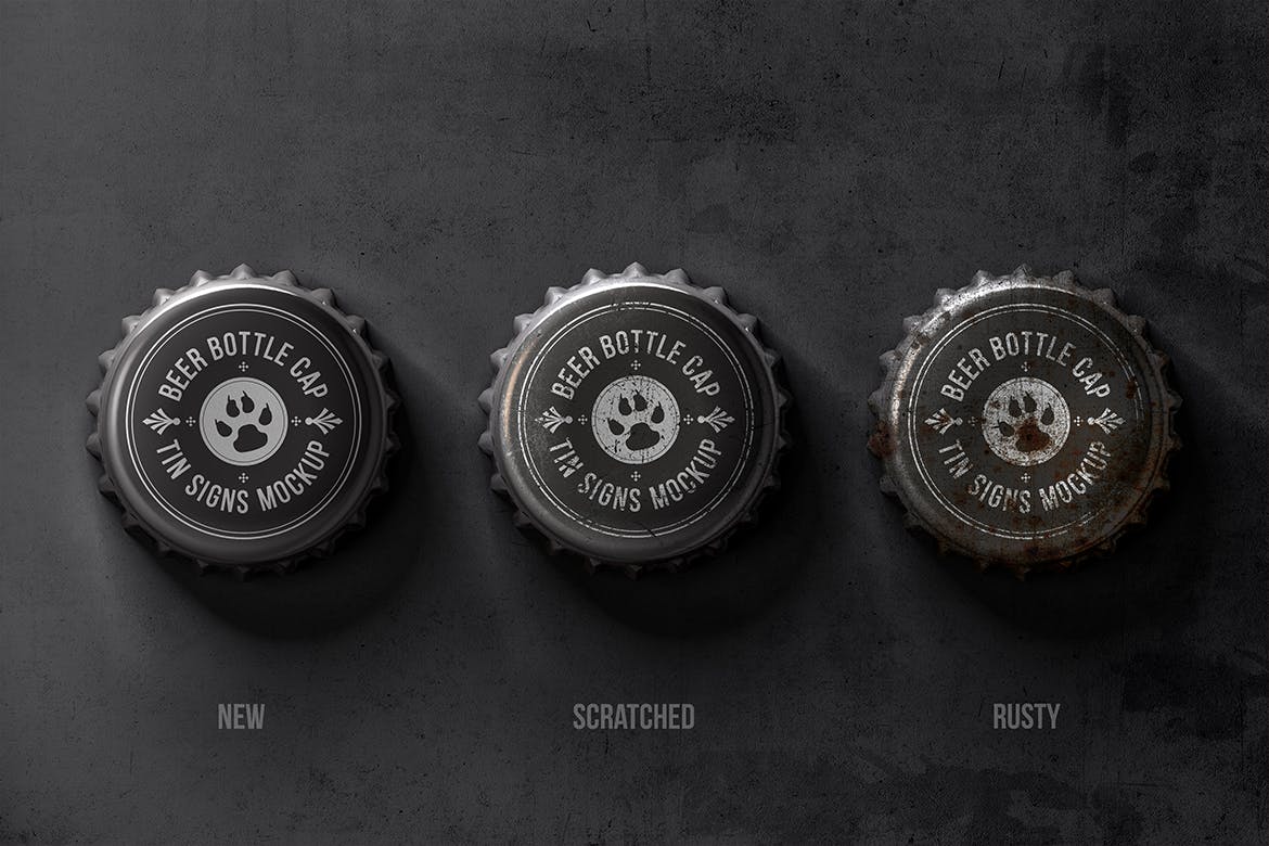 瓶盖金属锡标Logo设计效果图样机模板 Bottle Cap Metal Tin Signs  Mockup插图(1)