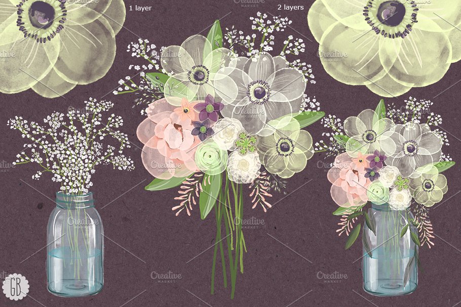 水彩银莲花（海葵）插花插画 Watercolor anemones baby breath jar插图(4)