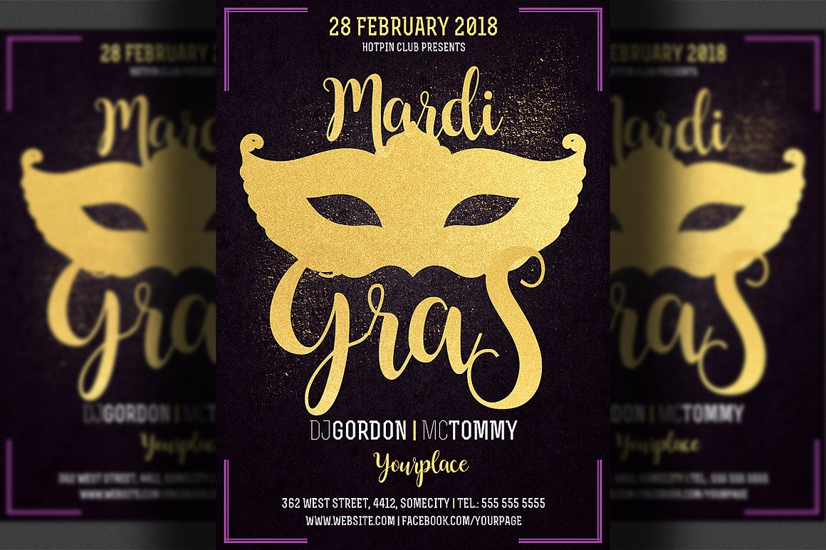 狂欢节化装舞会活动宣传单页模板 Mardi Gras Flyer Template插图