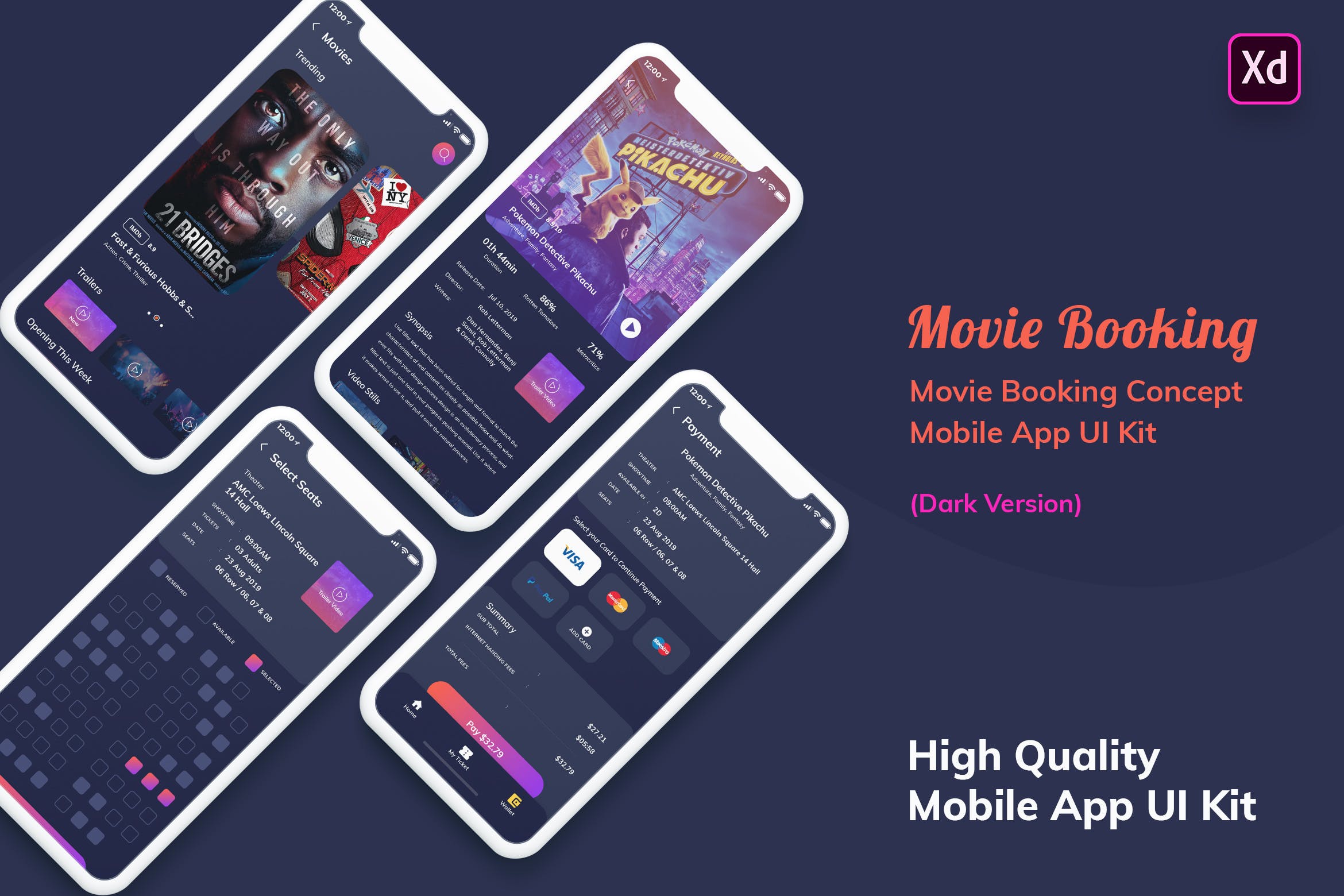 电影在线订票网上选座APP应用UI界面设计XD模板[夜间模式版本] Movie Booking MobileApp UI Kit Dark Version (XD)插图
