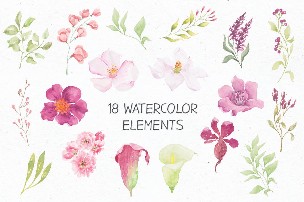 粉色手绘水彩花卉剪贴画素材库精选PNG素材 Watercolor Mini Bundle in Hot Pink插图(4)