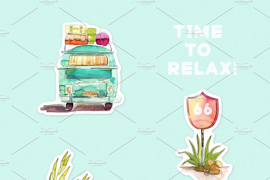 夏日度假主题水彩插画元素 Aloha!!! Time to Relax插图(1)