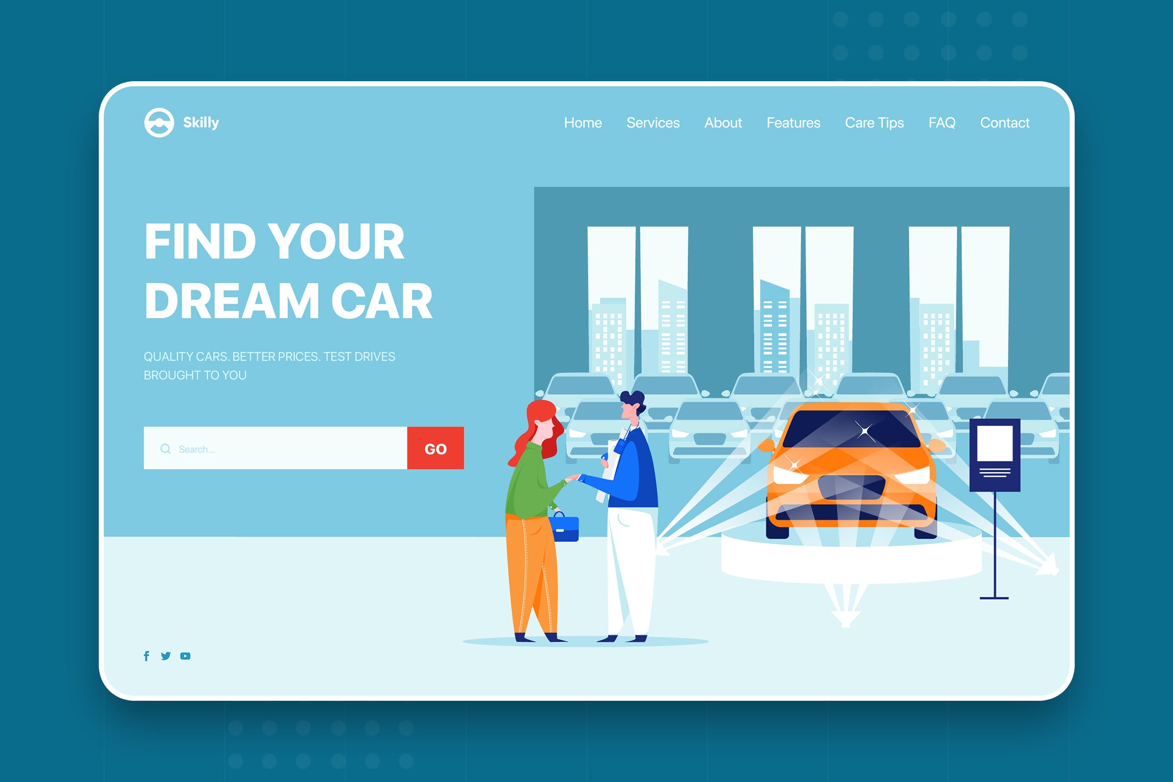 4S店汽车销售网站设计矢量插画素材 Salesperson showing vehicle to potential customer插图