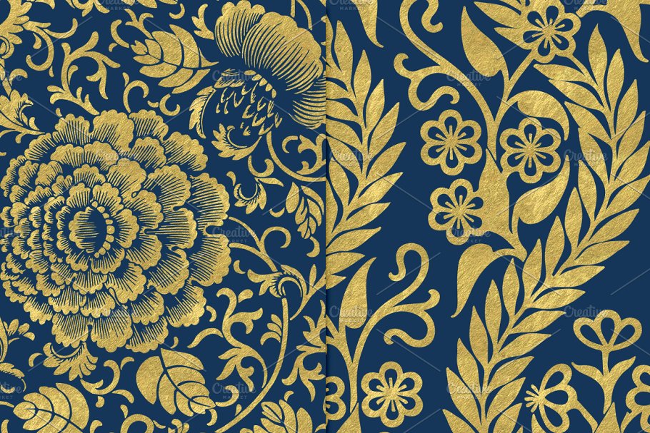 海军蓝和金色花卉图案背景 Navy and Gold Floral Backgrounds插图(1)