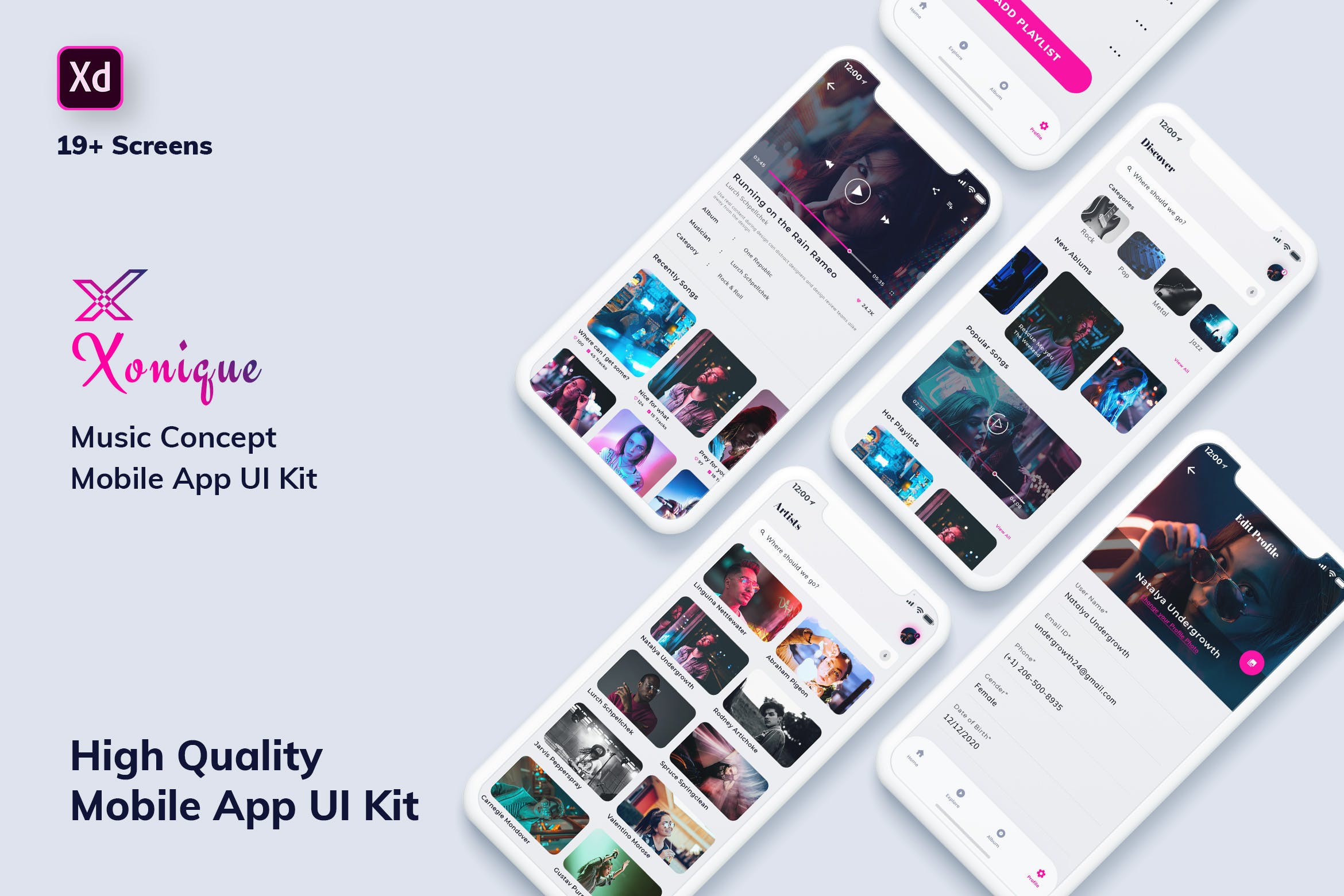 在线音乐播放听歌APP应用UI设计XD模板[日间模式版本] Xonique-Music MobileApp UI Kit Light Version (XD)插图