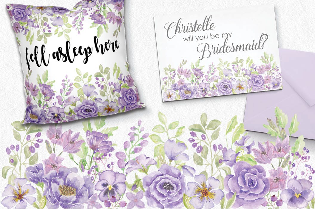 紫色水彩手绘花卉图案剪贴画PNG素材套装 Purple Passion: Watercolor Clip Art Bundle插图(4)