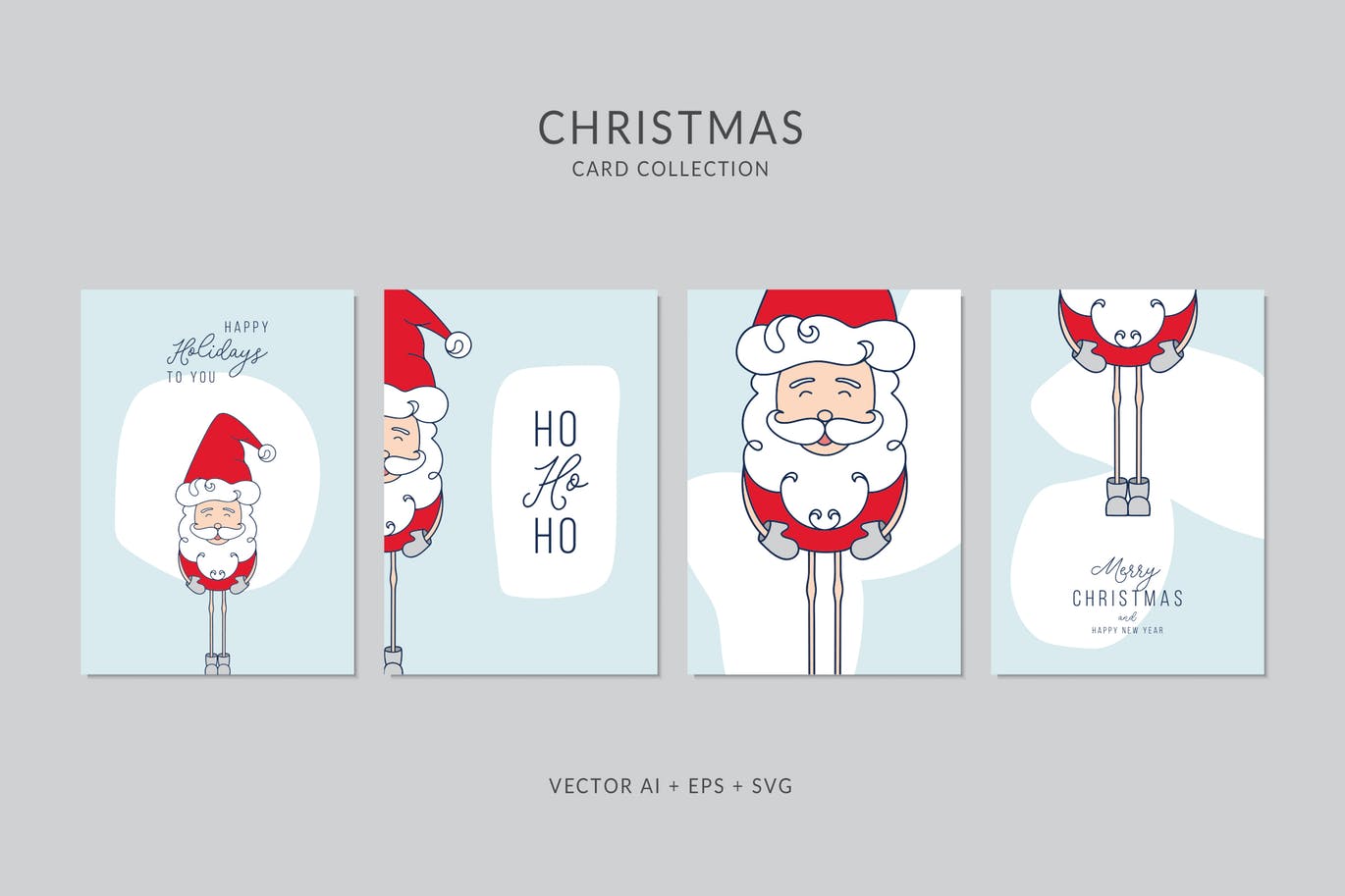 圣诞老人卡通手绘圣诞节贺卡矢量设计模板集v3 Christmas Greeting Card Vector Set插图
