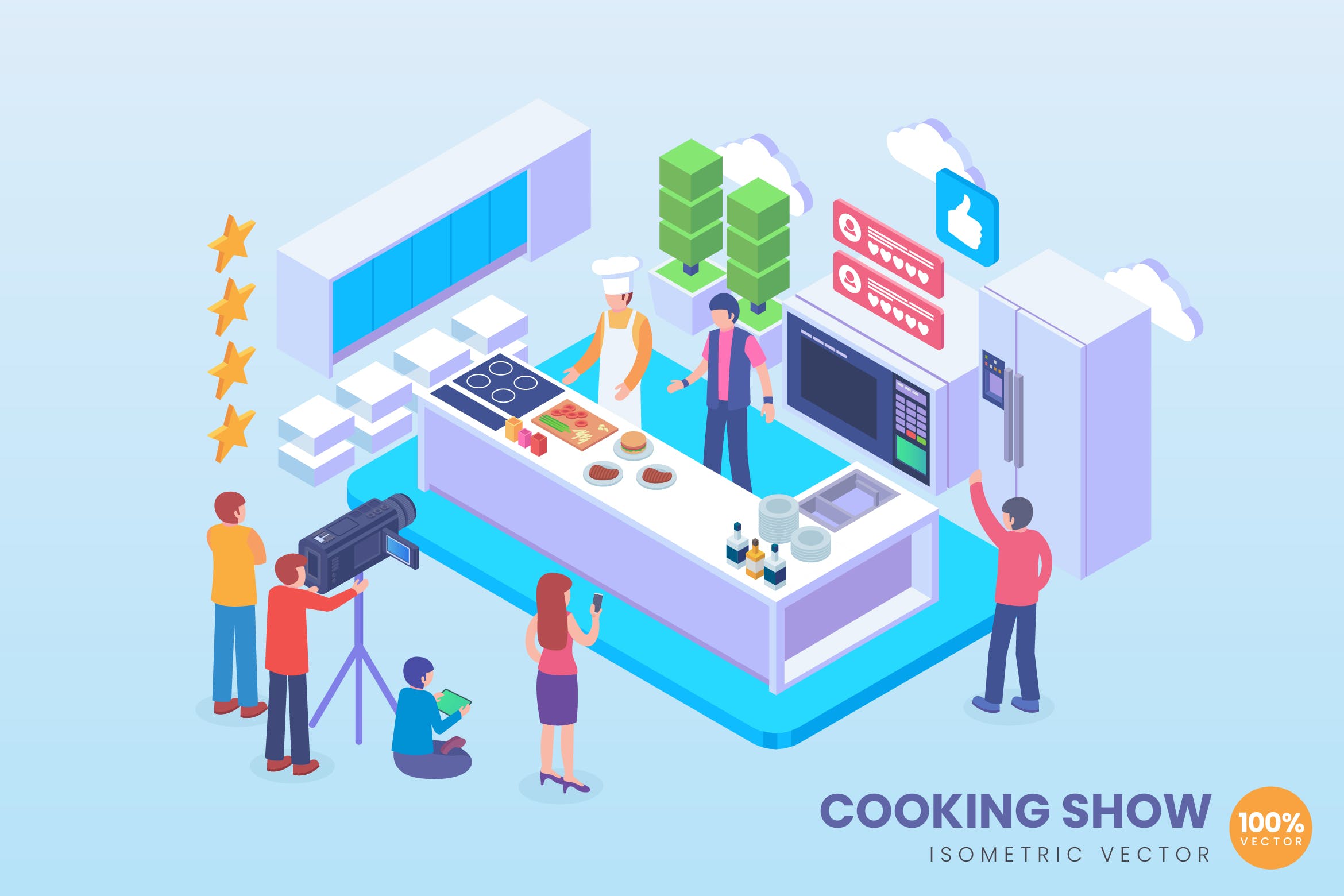 美食直播场景2.5D矢量等距概念插画 Isometric Live Cooking Show Vector Concept插图