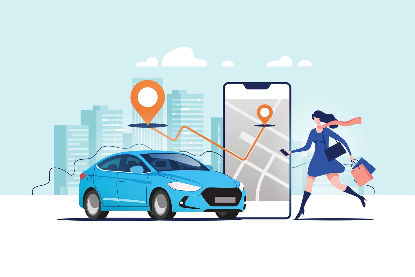 网约车出租车顺风车主题矢量插画素材 Online Ordering Taxi Car插图