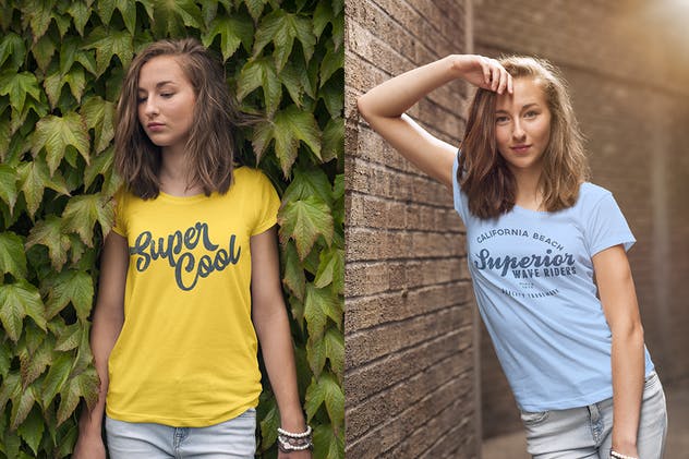 女款V领T恤欧美时装模特上身效果样机 Crew Neck T-shirt Mock-up Female Version插图(2)