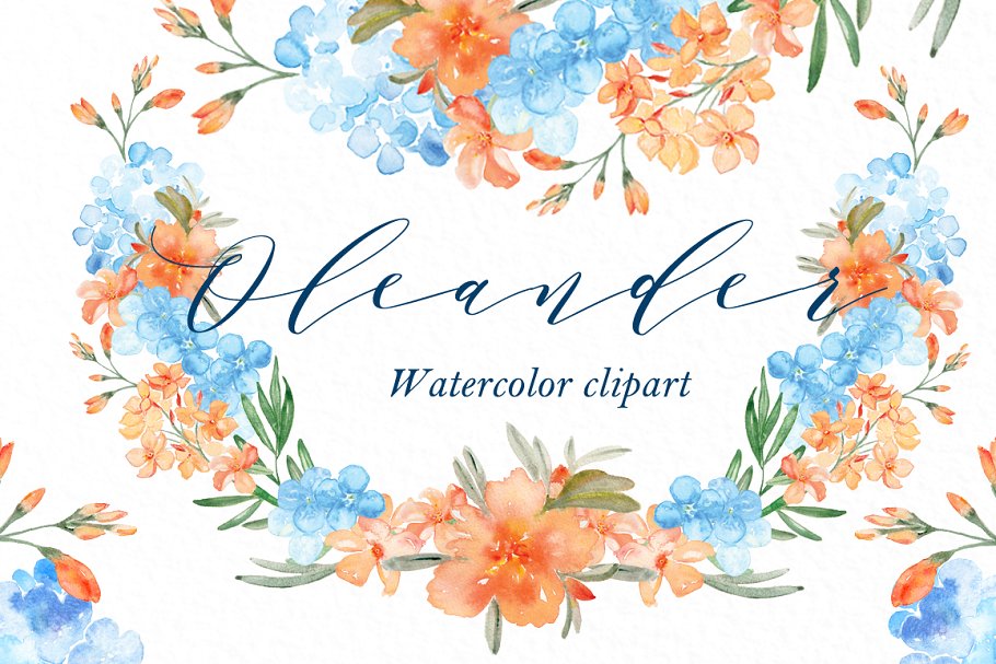 水彩夹竹桃花卉剪贴板 Peach Oleander. watercolor插图