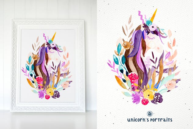 创意独角兽动物肖像水彩插画 Unicorn’s Portraits插图(1)