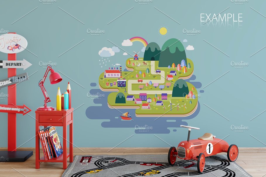 儿童主题室内墙纸设计展示和相框画框样机 Kids Interior Wall & Frames Mockup 1插图(36)