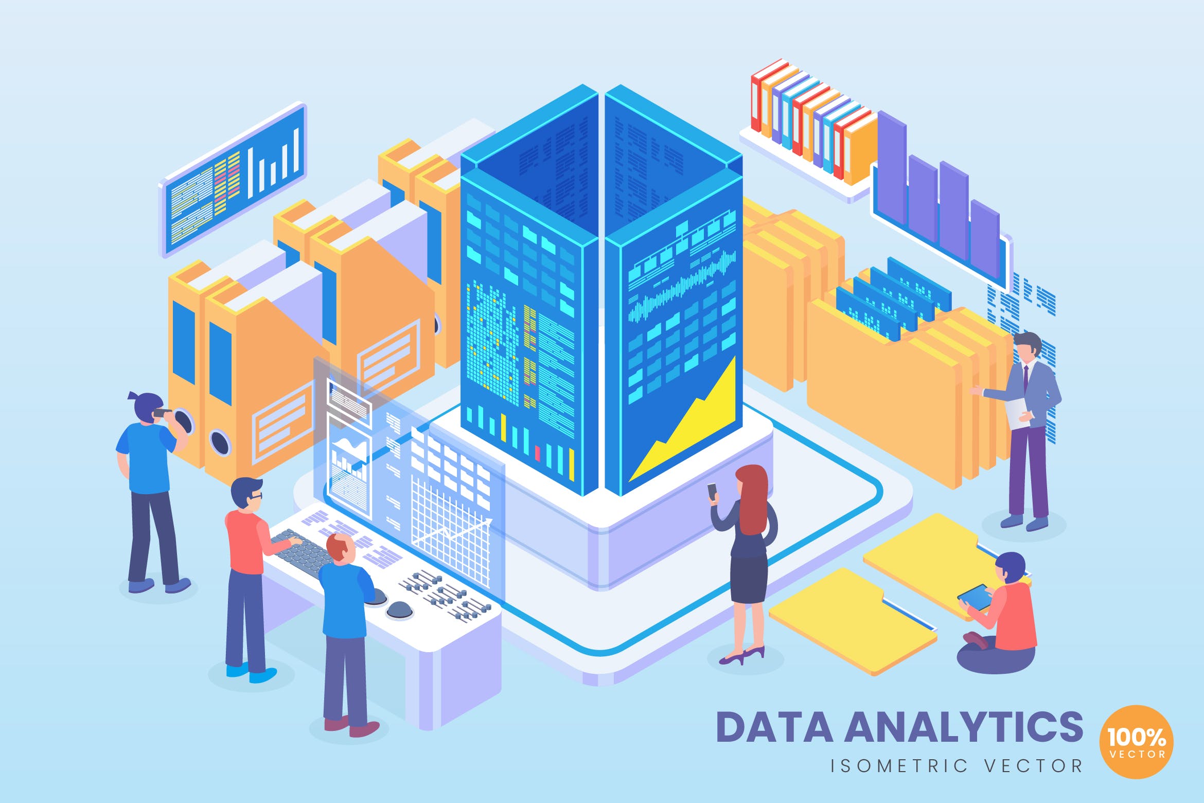 数据分析技术等距矢量科技素材库精选概念插画v1 Isometric Data Analytics Vector Concept插图