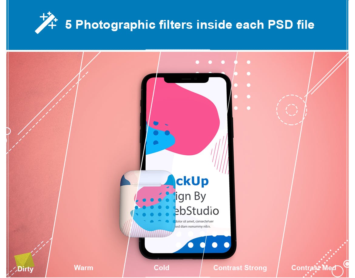 抽象设计风格iPhone 11手机&AirPods耳机素材库精选样机模板 Abstract iPhone 11 & AirPods Mockup插图(1)