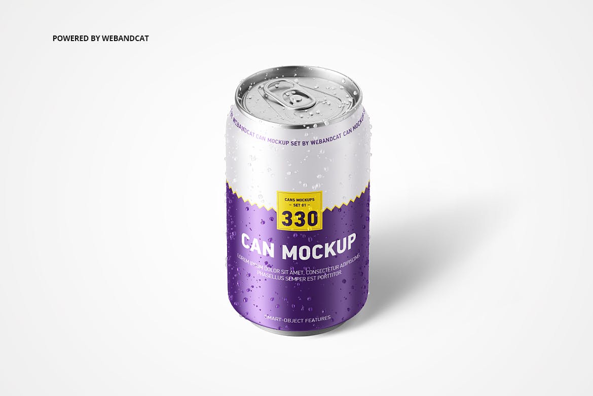 330ml容量规格易拉罐外观设计样机模板 330ml Can Mockup with Water Droplets插图(3)