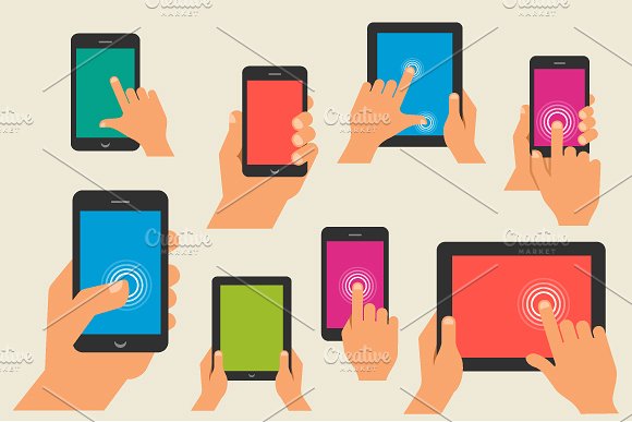 10个矢量手持智能手机和电脑插画 Hand holding smart phone & computers插图