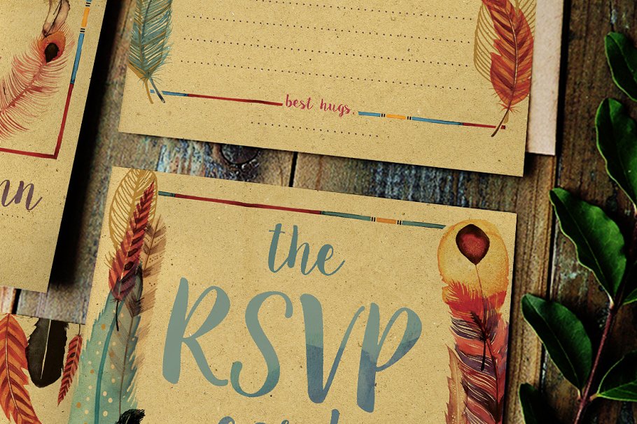 羽毛水彩婚纱邀请卡模板 Feather Watercolor Wedding Suite插图(3)