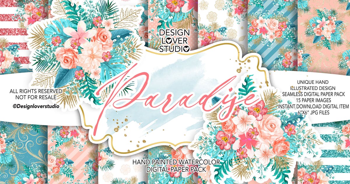 热带花卉水彩背景图片图案纹样设计素材 Paradise digital paper pack插图