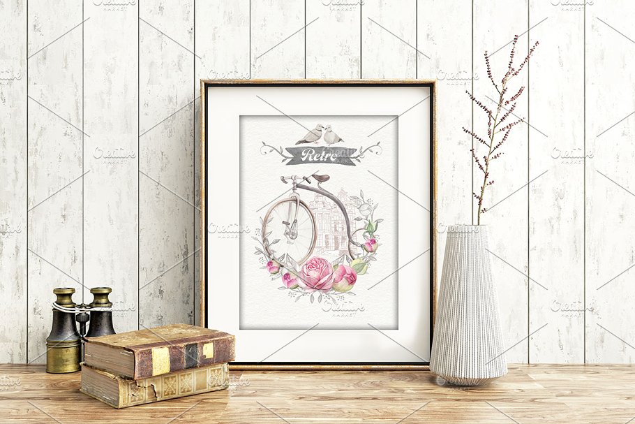 优雅文艺风自行车与玫瑰手绘插画元素 Bicycles and roses插图(2)