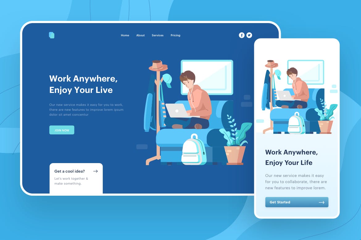 移动办公主题网站矢量插画素材 Work Anywhere Illustration – Website Header插图(1)