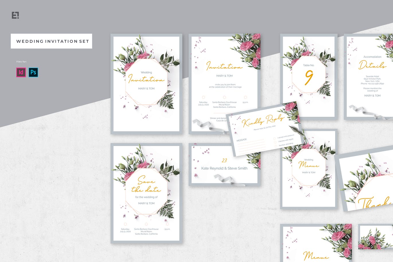 花卉装饰艺术风格婚礼邀请设计套件 Wedding Invitation Set插图