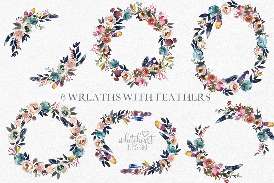 暗蓝色&薄雾玫瑰波希米亚式水彩花卉 Dusk Blue & Misty Rose Boho Flowers插图(4)