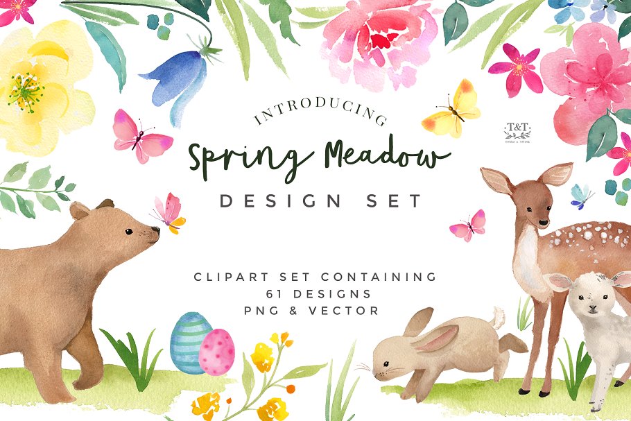 春天的大自然水彩剪贴画合集 Clipart Set – Spring Meadow插图