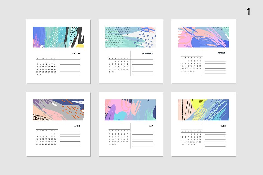 水彩涂鸦日历模板 2017 CALENDARS | raster & vector插图(1)