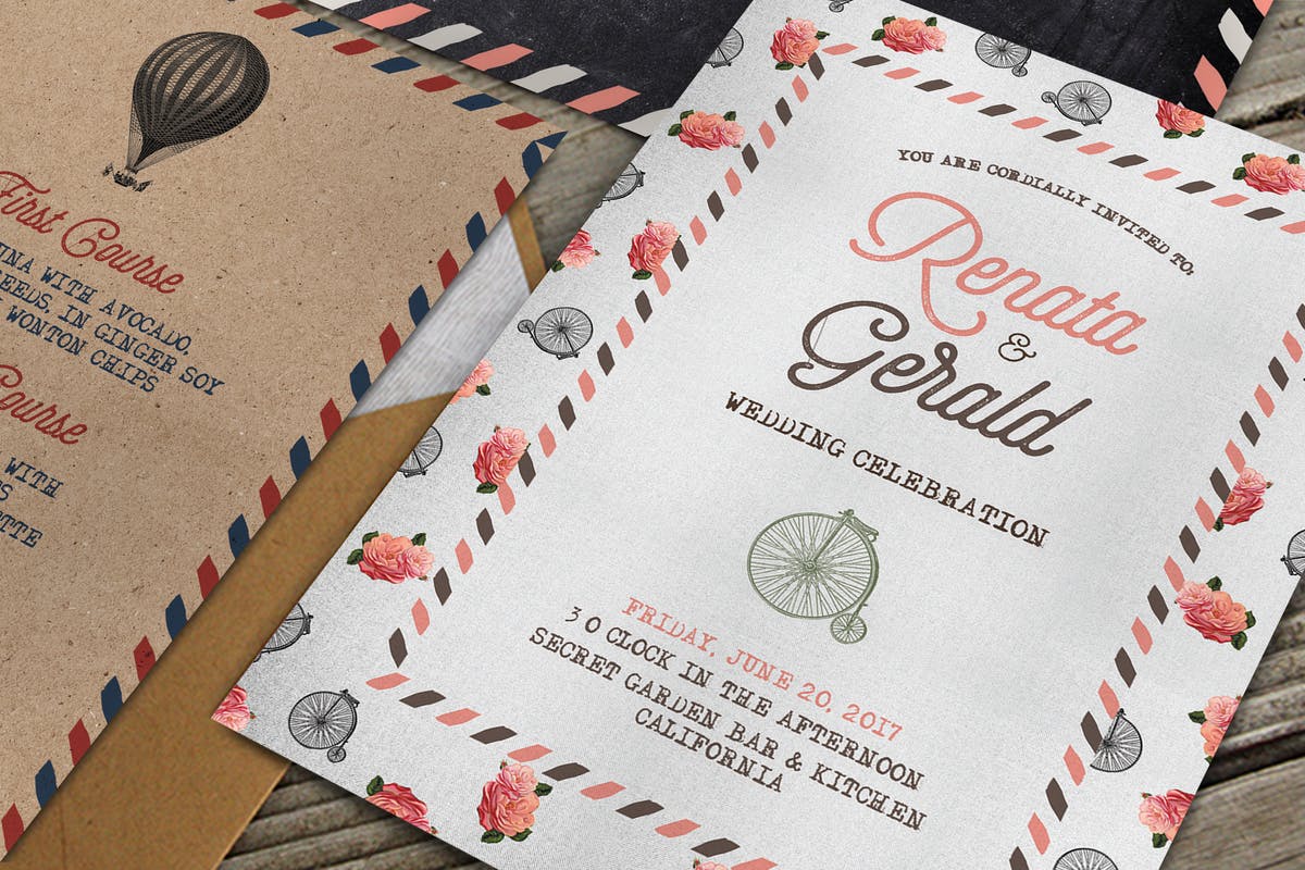 复古旅行婚礼请柬邀请函套装模板 Vintage Travel Wedding Suite插图