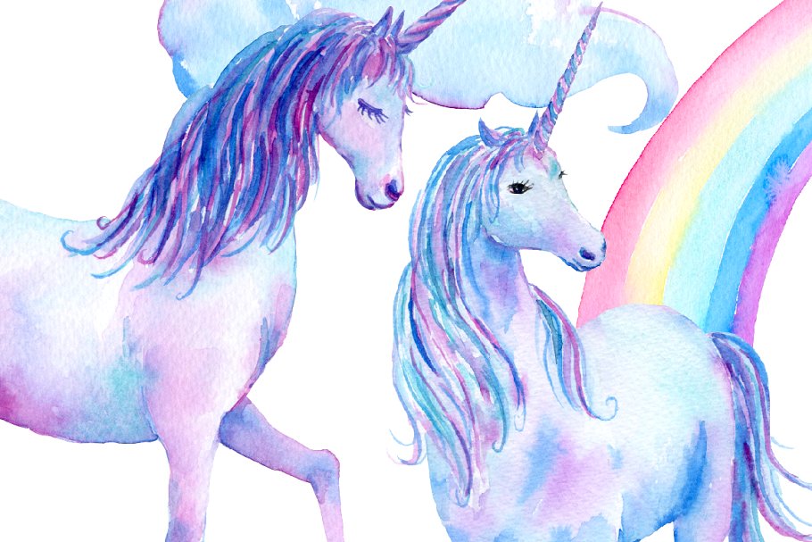 粉紫彩虹色调彩手绘独角兽插图 Pink and Purple Unicorns插图(2)