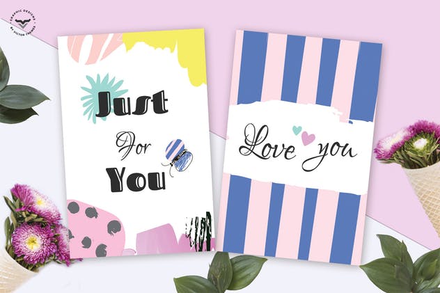 情人节涂鸦插画图案贺卡PSD模板 Valentines Day Greeting Card Template插图(1)