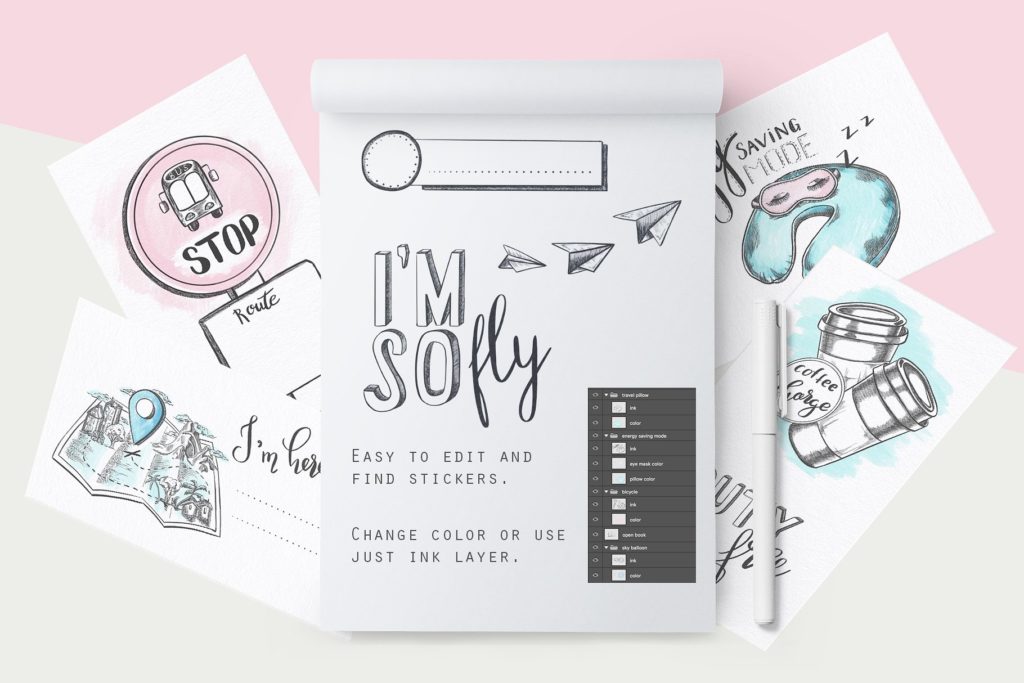 58款手绘旅行贴纸打包下载[psd]插图(2)