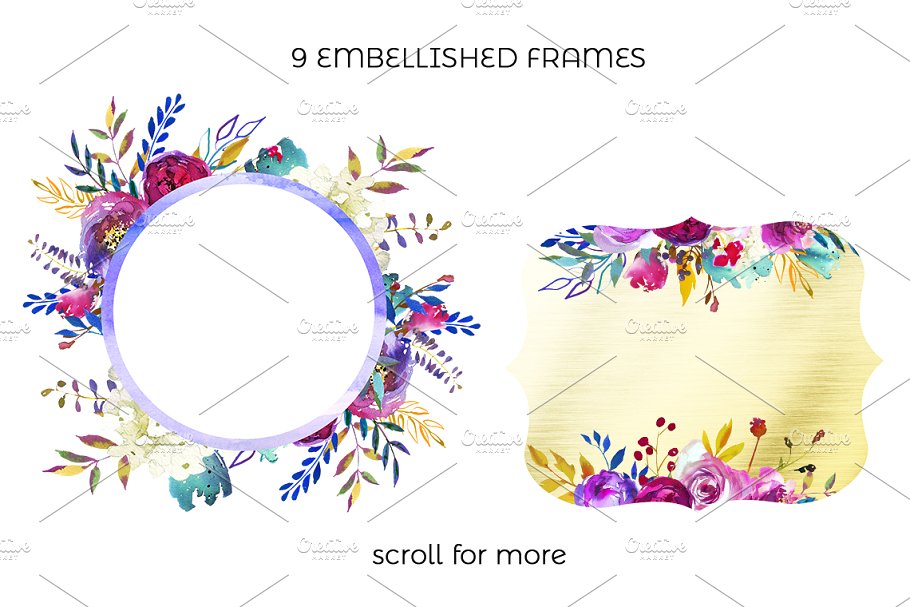 靛蓝粉红水彩花卉剪贴画 Indigo Pink Teal Watercolor Florals插图(3)