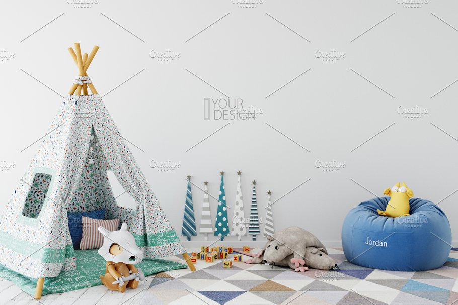 儿童主题室内墙纸设计展示和相框画框样机 Kids Interior Wall & Frames Mockup 1插图(30)