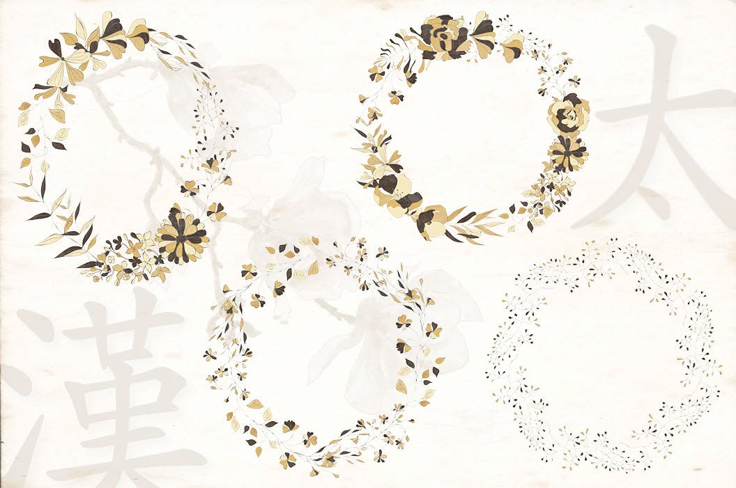东方特色黑金配色风格字母&花卉手绘剪贴画素材库精选PNG素材 Black and Gold Eastern Design Set插图(2)