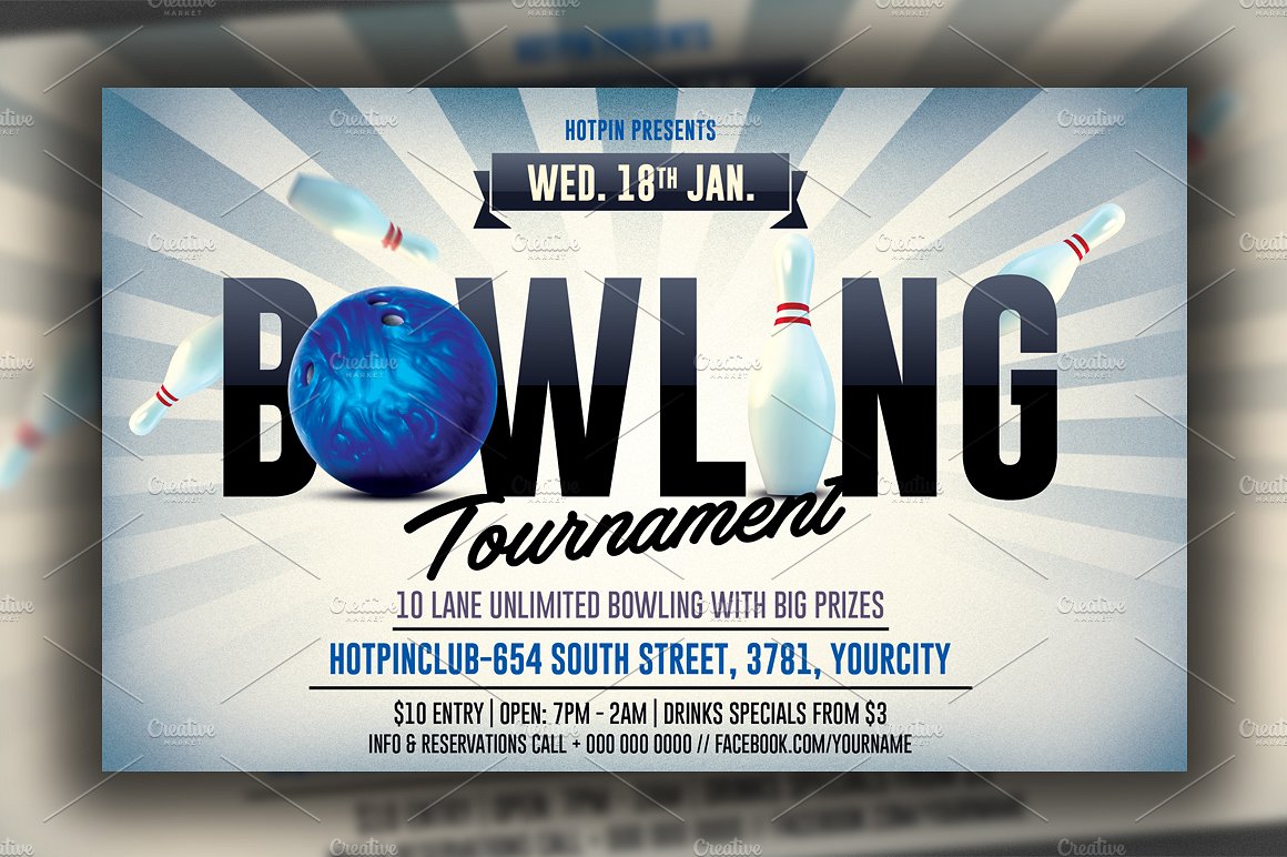 保龄球俱乐部促销活动宣传海报模板 Bowling Night Flyer Template插图