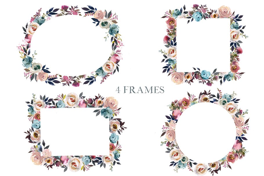 暗蓝色&薄雾玫瑰波希米亚式水彩花卉 Dusk Blue & Misty Rose Boho Flowers插图(5)