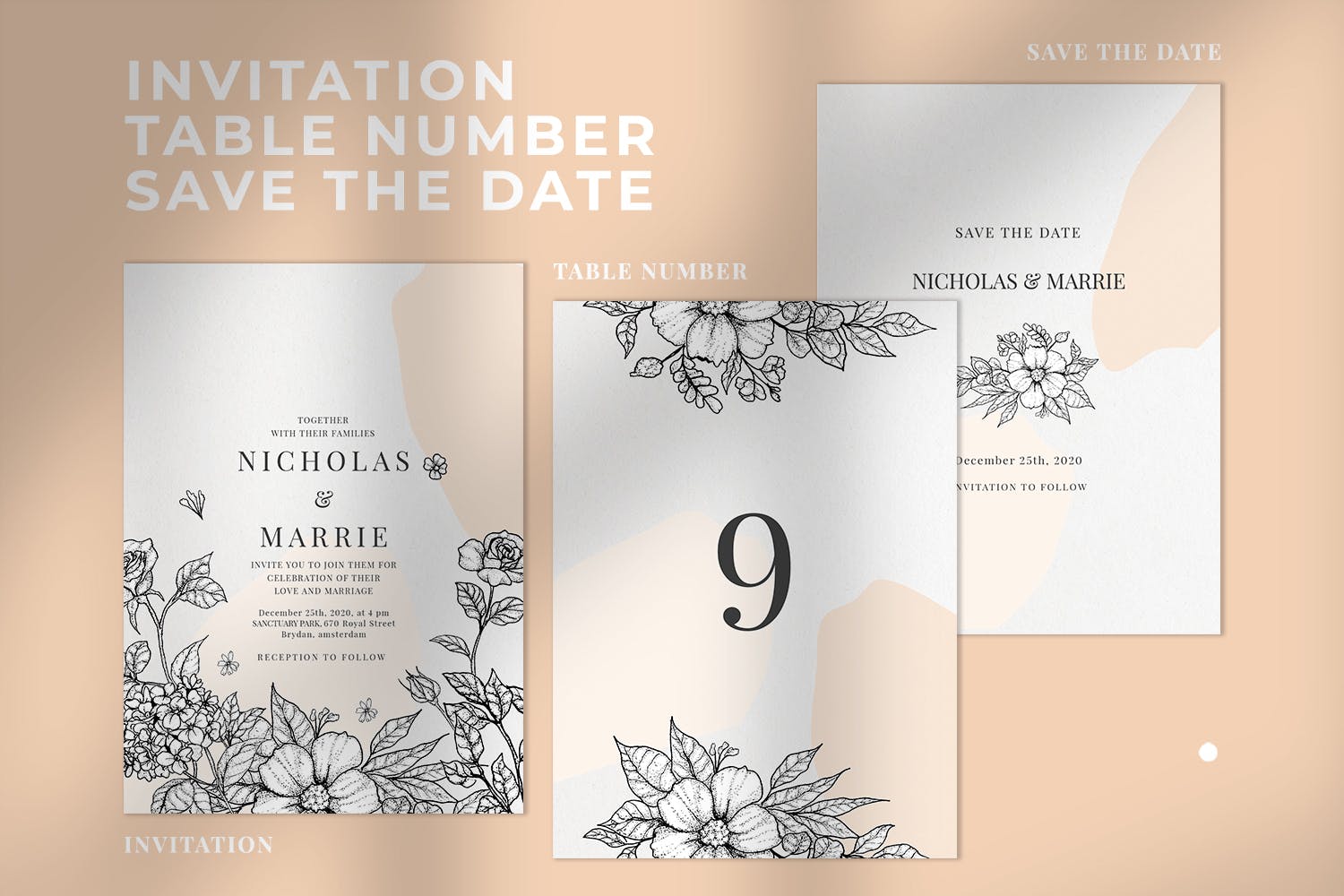 优雅素色花卉手绘图案婚礼邀请设计套件 Classy Botanical Wedding Suite插图(2)